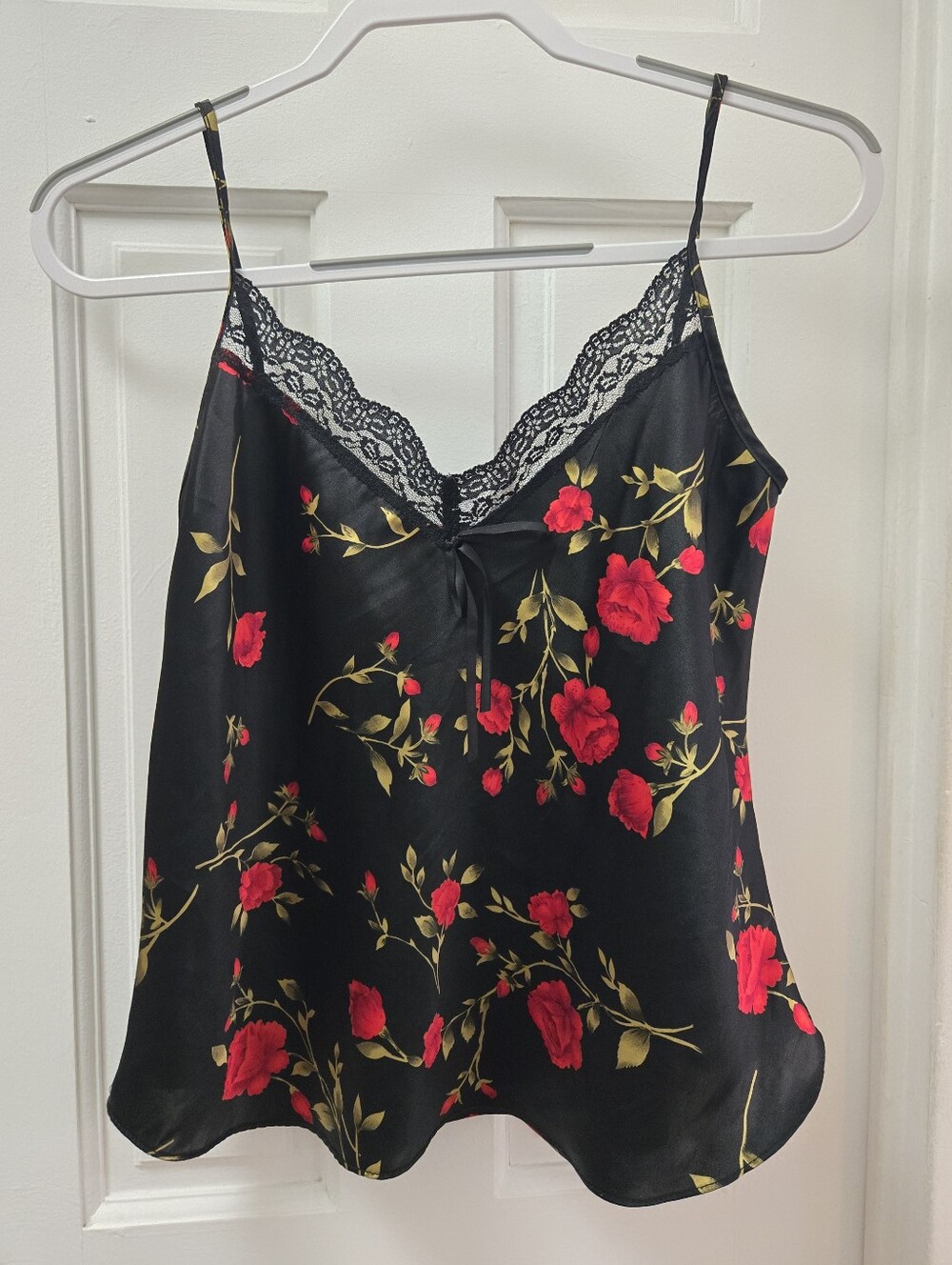 Vintage Black Satin Rose Floral Lace Trim Cami Chemise Slip Dress Y2K S / M
